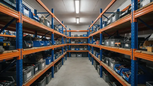 Almoxarifado industrial organizado com mini porta paletes, caixas e peças identificadas