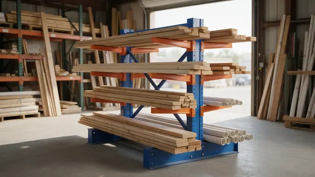 Estrutura cantilever com braços em balanço carregada com madeiras e tubos de PVC