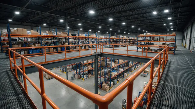 Vista do nível superior de mezanino industrial com guarda-corpo laranja sobre área de armazenagem