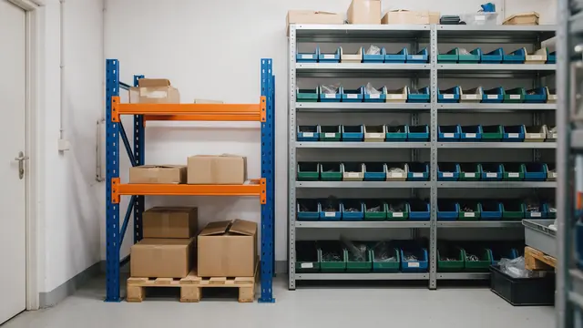Estoque com mini porta paletes ao lado de estante metálica com caixas de peças