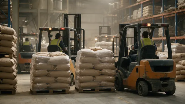Empilhadeira movimentando paletes de sacos de ração em armazém de fábrica