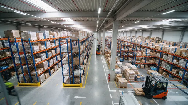 Seletividade e densidade em centro de distribuição Centro de distribuição com ruas de porta paletes, empilhadeira e faixas de circulação no piso