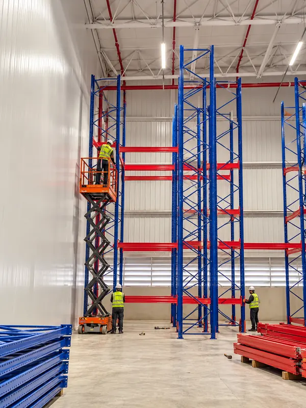 Equipe montando estrutura porta paletes com plataforma elevatória