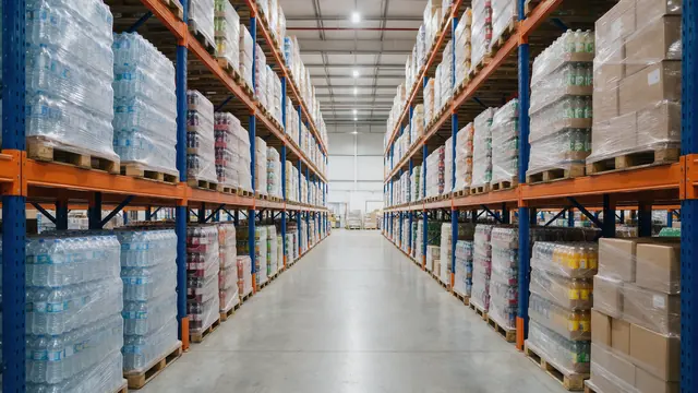 Porta paletes para indústria de alimentos e bebidas Porta paletes com paletes de bebidas e caixas de alimentos em centro de distribuição