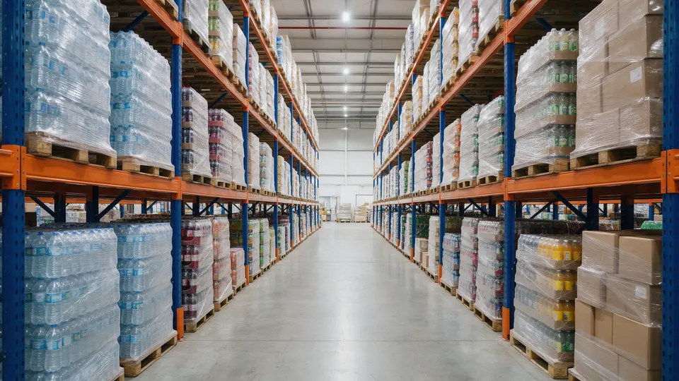 Porta paletes para indústria de alimentos e bebidas Porta paletes com paletes de bebidas e caixas de alimentos em centro de distribuição