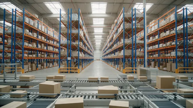 Porta paletes para centros de distribuição e e-commerce Centro de distribuição com estruturas porta paletes e área de separação de pedidos com esteira