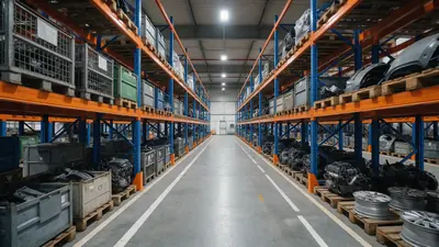 Estrutura porta paletes com caixas metálicas e componentes automotivos em armazém industrial