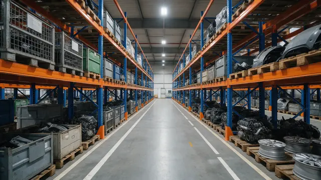 Porta paletes para indústria automotiva e autopeças Estrutura porta paletes com caixas metálicas e componentes automotivos em armazém industrial