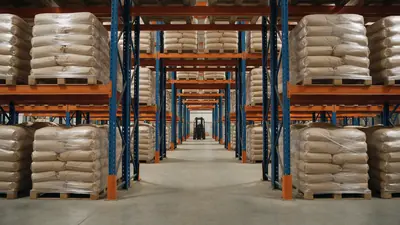 Paletes com sacos de ração armazenados em estrutura porta paletes de fábrica