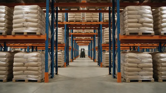 Porta paletes para fábrica de ração e pet food Paletes com sacos de ração armazenados em estrutura porta paletes de fábrica